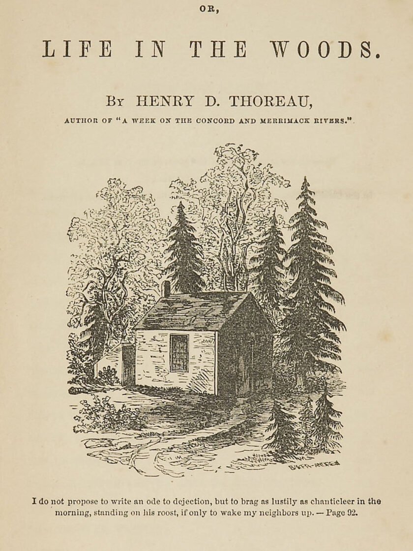 Titelseite von 'Walden: Life in the Woods' von Henry D. Thoreau mit Hüttenillustration und Zitat.